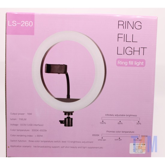 RING LIGHT LS-260 10.0" CON SOPORTE MINI TRÍPODE Y SOPORTE PARA TELÉFONO NEGRO